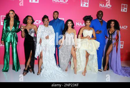 Pasadena, USA. 25th Feb, 2023. Elarica Johnson, Gail Bean, Katori Hall, J. Alphonse Nicholson, Psalms Salazar, Brandee Evans, Nicco Annan, Shannon Thornton arrives at The 54th NAACP Image Awards Press Room, held at The Pasadena Civic Auditorium in Pasadena, CA on Saturday, February 25, 2023 . (Photo By Juan Pablo Rico/Sipa USA) Credit: Sipa USA/Alamy Live News Stock Photo