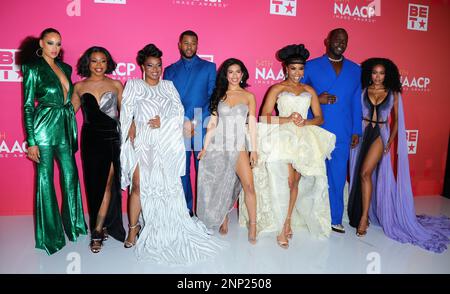 Pasadena, USA. 25th Feb, 2023. Elarica Johnson, Gail Bean, Katori Hall, J. Alphonse Nicholson, Psalms Salazar, Brandee Evans, Nicco Annan, Shannon Thornton arrives at The 54th NAACP Image Awards Press Room, held at The Pasadena Civic Auditorium in Pasadena, CA on Saturday, February 25, 2023 . (Photo By Juan Pablo Rico/Sipa USA) Credit: Sipa USA/Alamy Live News Stock Photo