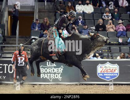 CEDAR PARK, TX - JANUARY 16: Lucas Fideles Souza rides Kangaroo during the  Professional Bull Riders Tour Cedar Park Chute Out on January 16, 2021 at  the H-E-B Center in Cedar Park