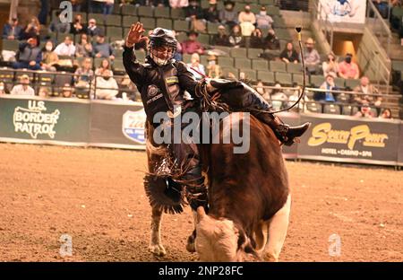 CEDAR PARK, TX - JANUARY 16: Grayson Cole rides Oreo during the  Professional Bull Riders Tour Cedar Park Chute Out on January 16, 2021 at  the H-E-B Center in Cedar Park, TX. (