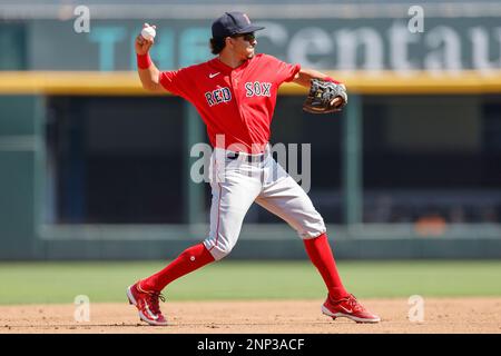 North Port FL USA: Boston Red Sox shortstop David Hamilton (80) throws to first during an MLB spring training game against the Atlanta Braves at CoolT Stock Photo