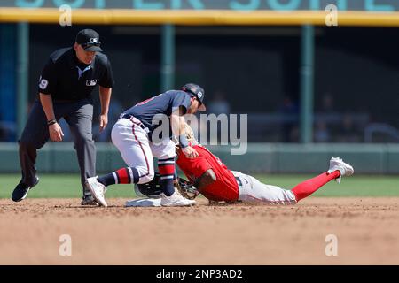 North Port FL USA: Boston Red Sox centerfielder Raimel Tapia (17) slides safely into second base during an MLB spring training game against the Atlant Stock Photo