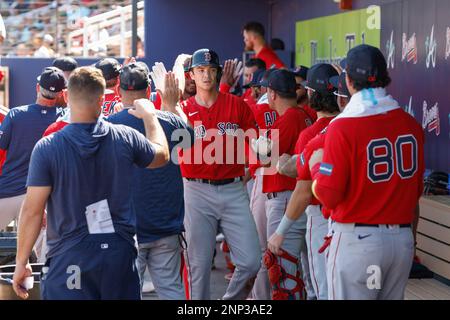 North Port FL USA: Boston Red Sox first baseman Bobby Dalbec (29) is congratulated in the dugout after scoring the first run for the Sox during an MLB Stock Photo