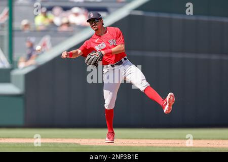 North Port FL USA: Boston Red Sox shortstop David Hamilton (80) fields the ball and throws to first for the out during an MLB spring training game aga Stock Photo