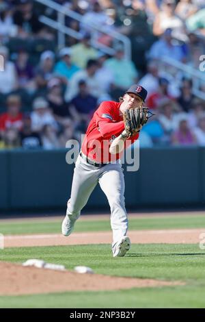 North Port FL USA: Boston Red Sox third baseman Nick Sogard (92) catches a popup to the infield during an MLB spring training game against the Atlanta Stock Photo