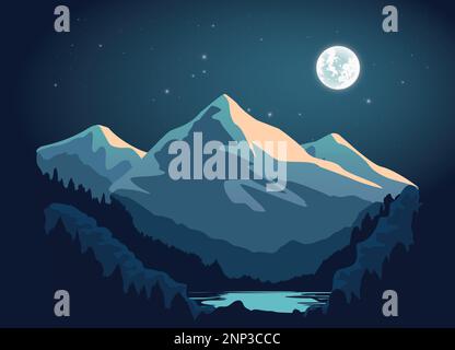 Night Landscape with Mountain and Moon and Stars. Vector illustration. Stock Vector