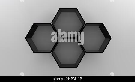 Four black empty hexagon shelves on white wall 3D mockup. Shop, gallery plastic or wooden showcase to present product. Blank retail storage space. Int Stock Vector