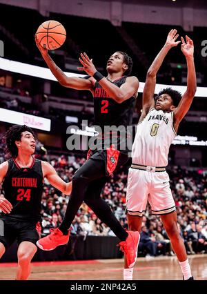 February 25, 2023 Anaheim, CA.Cenetennial Corona (22) Devin Williams in  action during the CIF-SS Boys Open DIV Basketball Championship Game.  Centennial Corona vs St. John Bosco.Centennial defeats Bosco 58-57..Louis  Lopez/Modern Exposure/Cal Sport