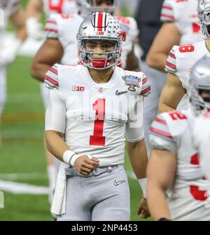 Allstate Sugar Bowl - Ohio State quarterback Justin Fields is all smiles  after being name the Offensive Player of the Game for the Playoff Semifinal  at the Allstate Sugar Bowl against the