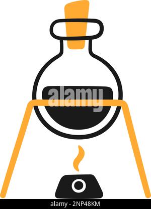 Science laboratory experiment. Lab chemistry test. Hand drawn chemical processes. Doodle vector illustration with lab glass flask, fire and burner on Stock Vector