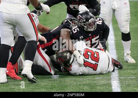 Atlanta Falcons linebacker Deion Jones (45) wears the name Aiyana