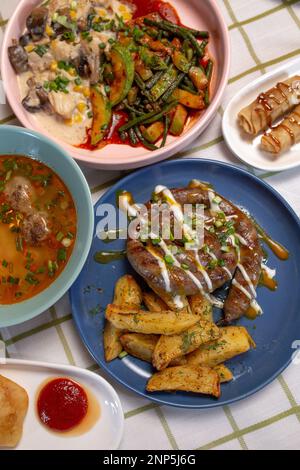 in the cafe on the table top view of a set lunch. Stock Photo