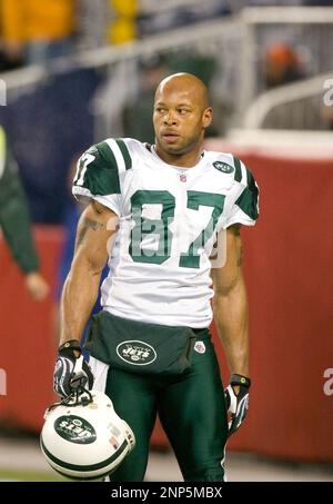 13 November 2008. Jets Wide Receiver Laveranues Coles (87) pregame in  Foxboro. The New York Jets defeated the New England Patriots 34 to 31 to  claim sole possession of the AFC East