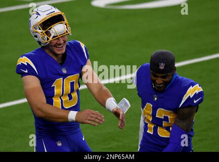 Los Angeles Chargers wide receiver Tyron Johnson (83) working out on the  field before an NFL football game against the Jacksonville Jaguars, Sunday,  October 25, 2020 in Inglewood, Calif. The Chargers defeated