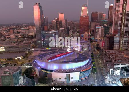 An aerial view of the Staples Center and downtown skyline, Thursday, Jan.  21, 2021, in Los Angeles. The arena is the home of the Los Angeles Lakers  an Stock Photo - Alamy