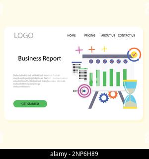 Business report landing page, analysis chart and metric of company. Vector cash flow, ROI and KPI, key performance indicator, financial analysis repor Stock Vector