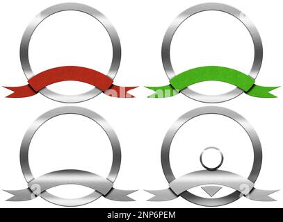 Collection of four round metallic icons or symbols with empty ribbon with copy space and isolated on white background. 3D illustration. Stock Photo