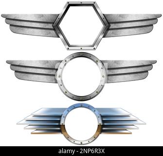 Collection of three metal winged logos isolated on white background with copy space, circle and hexagon shape, 3D illustration. Stock Photo