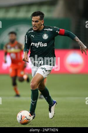 Gustavo Gomez of Brazil's Palmeiras heads the ball challenged by Carlos  Carmona of Chile's Colo Colo, right, during a quarter final second leg Copa Libertadores  soccer match in Sao Paulo, Brazil, Wednesday