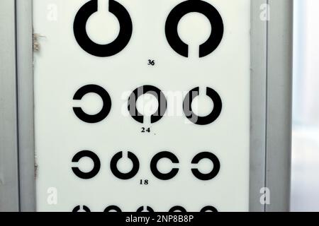 Landolt C broken ring optotypes or Japanese vision test in various sizes and orientations, an eye chart used for testing vision and visual acuity used Stock Photo