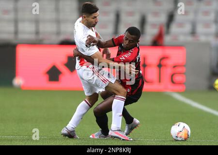 Gonzalo Montiel of Argentina's River Plate heads the ball during a