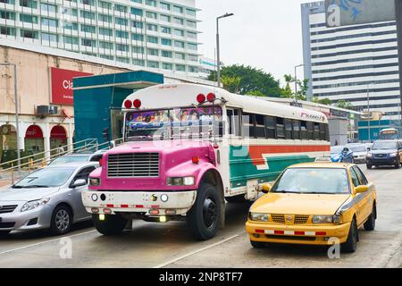 Typical colorist bus and Taxi in Panama City, Republic of Panama, Central America, America Stock Photo