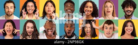Mosaic Of Diverse Multiethnic People Portraits With Different Face Expressions Stock Photo