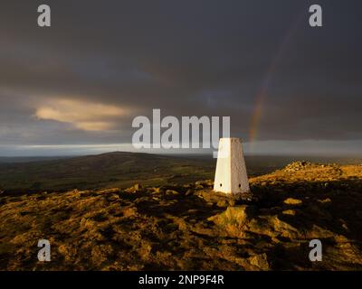 A view to Shropshire's highest point, Brown Clee (540m), from the summit trig on Titterstone Clee (533m), on the Shropshire Way footpath. Stock Photo