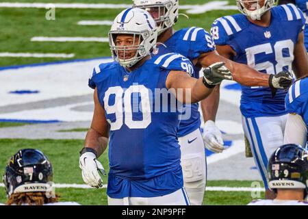 INDIANAPOLIS, IN - NOVEMBER 08: Indianapolis Colts defensive tackle Grover  Stewart (90) in action during a NFL game between the Indianapolis Colts and  the Baltimore Ravens on November 08, 2020 at Lucas