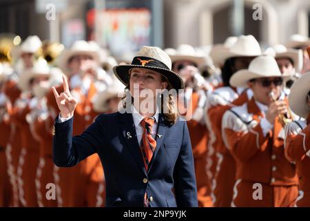 Houston, USA. 25th Feb, 2023. Members of a university band are pictured during the 91st Downtown Rodeo Parade in Houston, Texas, the United States, Feb. 25, 2023. Credit: Chen Chen/Xinhua/Alamy Live News Stock Photo