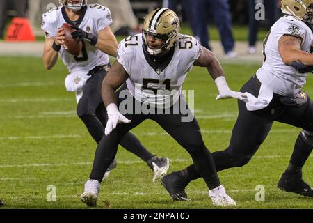 November 01, 2020: Chicago, Illinois, U.S. - Bears #11 Darnell Mooney is  tackled by Saints #20 Janoris Jenkins during the NFL Game between the New  Orleans Saints and Chicago Bears at Soldier