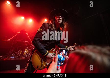 Copenhagen, Denmark. 25th Feb, 2023. The American rock band Dirty Honey performs a live concert at Hotel Cecil in Copenhagen. Here guitarist John Notto is seen live on stage. (Photo Credit: Gonzales Photo/Alamy Live News Stock Photo