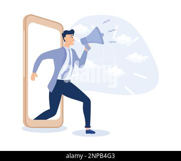 Mobile marketing,cheerful man telling promotion on megaphone,modern flat vector illustration Stock Vector
