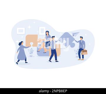 Employee engagement, increase value and workplace motivation concept,employees help complete jigsaw ,modern flat vector illustration Stock Vector