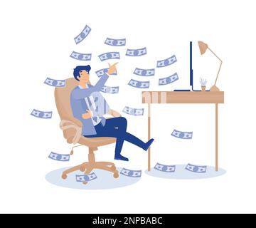 Make money online, easy money concept, rich businessman relax making money from computer.modern flat vector illustration Stock Vector