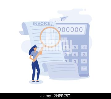 Invoice, quotation and receipt concept, businessman holding magnifier on invoice document.modern flat vector illustration Stock Vector