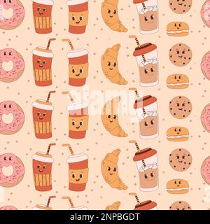 Retro groovy seamless pattern. Cartoon characters coffee in paper cups, donut, croissant and cookies on light yellow background. Vector Illustration f Stock Vector