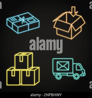 Neon parcels and delivery boxes icon set. Mail delivery package and truck. Vector illustration. Stock Vector