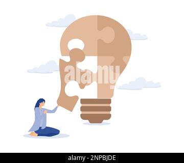 Problem solver, smart businessman solving lightbulb idea puzzle by connecting last jigsaw piece, modern flat vector illustration. Stock Vector