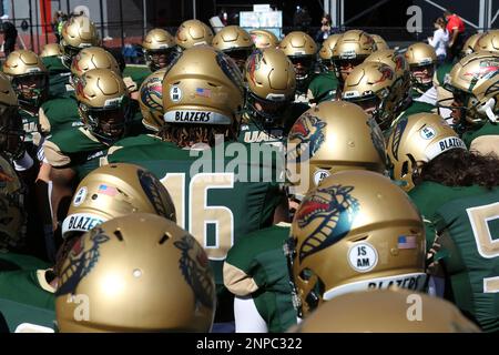 BIRMINGHAM, AL - OCTOBER 17: The UAB Blazers run out onto the field for the  game between UAB Blazers and Western Kentucky Hilltoppers on October 17,  2020 at Legion Field in Birmingham