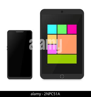 Smartphone and tablet computer, modern digital devices isolated on white background. Front view, 3D vector illustration. Stock Vector