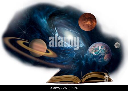 planets in the Solar system in the starry universe coming out from a book isolated on white Elements of this image furnished by NASA . Stock Photo