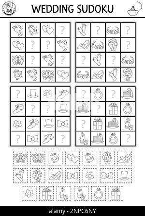 Vector black and white wedding sudoku puzzle for kids. Simple marriage ceremony quiz with cut and glue elements. Education activity or coloring page w Stock Vector