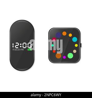 Fitness bracelet and smart watch, modern digital device isolated on white background. Front view, 3D vector illustration. Stock Vector