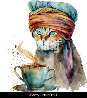 Turkish Cat with coffee cup. Muslim cat with turban. Watercolor Vector illustration for coffee houses. Isolated on white background. Can be used for m Stock Vector