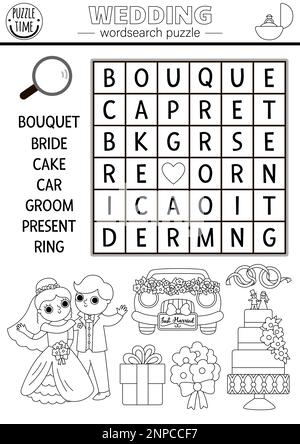 Vector black and white wedding wordsearch puzzle for kids. Simple word search quiz with marriage ceremony landscape for children. Educational activity Stock Vector