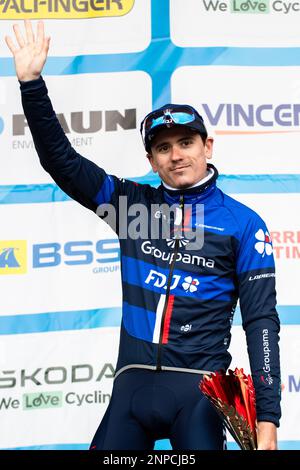 David Gaudu (team Groupama-fdj) ranked 2nd is seen on the podium. The Faun Ardeche Classic is a one-day cycling race held on 25 February 2023. This edition was won by Frenchman Julien Alaphilippe (Soudal Quick-step team) ahead of his compatriot David Gaudu, (Groupama-fdj team) second and Danish rider Mattias Skjelmose (Trek-Segafredo team) who finished third. Stock Photo