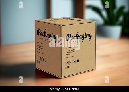 Product cubic box mockup - Realistic brown carton package with copy space Stock Photo