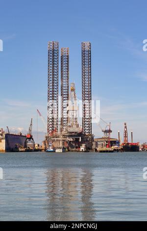 Galveston, Texas, USA - Febriuary 2023: Oil rig in the city's port for maintenance and repair Stock Photo