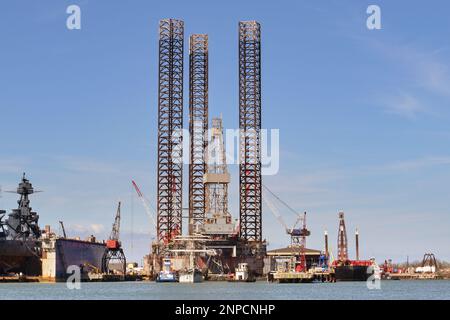 Galveston, Texas, USA - Febriuary 2023: Oil rig in the city's port for maintenance and repair Stock Photo